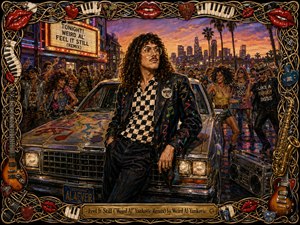A flamboyant, curly-haired performer poses against a vintage car in a lively nighttime street scene, surrounded by dancing partygoers and neon-lit city energy. Warm sunset purples, golds, and electric reflections create a playful, nostalgic mood. The richly hand-painted style and ornate musical frame add theatrical detail and exuberant character.
