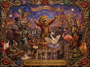 A jubilant animal orchestra fills a glowing twilight carnival, led by a roaring lion conductor surrounded by elephants, zebras, swans, flamingos, monkeys, and other whimsical musicians. Rich gold, crimson, violet, and cobalt tones shimmer under lantern light, while confetti, musical notes, ornate instruments, and an elaborate decorative frame heighten the theatrical, handcrafted atmosphere.