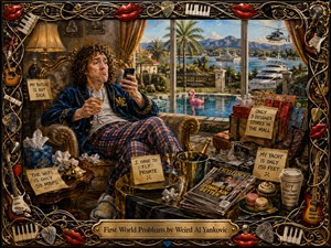 A pampered man lounges in an ornate chair overlooking a sunny luxury resort, surrounded by exaggerated complaints about Wi-Fi, shopping, private travel, and yacht size. Rich golds, blues, and warm sunlight enhance the satirical oil-painted scene, framed by intricate guitar strings, instruments, piano keys, picks, and glossy red lips.