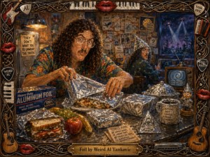 A richly textured painting shows a curly-haired man obsessively wrapping food in aluminum foil inside a cluttered, conspiracy-filled kitchen. Warm golden light contrasts with cool blue night tones, while foil hats, mysterious diagrams, UFO-like lights, and humorous warnings create playful paranoia. An ornate musical frame surrounds the dramatic, whimsical scene.