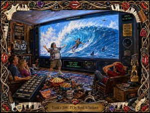 A wildly oversized television dominates a cluttered living room as an exuberant man proudly presents its glowing ocean scene to astonished guests. Electric blues from the screen contrast with warm gold and red furnishings, while dramatic lighting, dense humorous details, oversized remotes, snacks, and an ornate music-themed frame create a playful, richly painted spectacle.