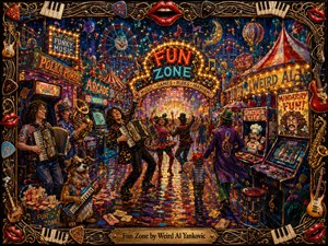 A dazzling hand-painted carnival bursts with musical chaos as accordion players, arcade lights, and dancing crowds fill a glowing midway beneath a giant Fun Zone sign. Saturated blues, reds, and golds shimmer under festive nighttime lighting, while whimsical details, playful characters, and an ornate instrument-filled frame create a lively, exuberant, storybook atmosphere.