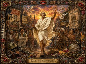 A heroic Gandhi-like figure strides through a crowded Indian street at sunset, raising one hand while carrying a staff. Warm saffron, gold, ivory, and crimson tones glow beneath dramatic clouds. Doves, protest posters, flowers, broken weapons, and spinning-wheel imagery enrich the satirical, cinematic painting, framed by ornate musical motifs.