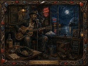 A weary blues musician sings and plays battered guitar inside a rain-soaked juke joint, surrounded by whiskey, worn boots, smoky air, neon signs, and familiar symbols of heartbreak. Deep indigo, amber, and brown tones create a moody glow, while the intricate musical frame adds playful, handcrafted detail and satirical character.