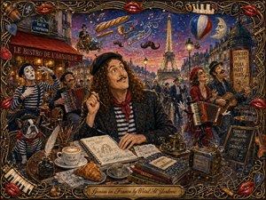 A whimsical hand-painted Parisian fantasy centers on an eccentric musician at a bustling cafe, surrounded by accordions, mimes, floating baguettes, and playful inventions. Warm golds, crimson reds, deep blues, and violet twilight glow beneath theatrical streetlights. The Eiffel Tower anchors the lively composition, framed by ornate musical instruments, strings, piano keys, picks, and glossy red lips.