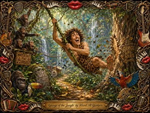 A wildly expressive jungle hero swings through lush tropical foliage as startled monkeys, colorful birds, a gorilla, and a prowling big cat react around him. Warm golden sunlight cuts through deep emerald shadows and misty waterfalls. The richly painted storybook style, flying leaves, humorous signs, and ornate musical frame create energetic comic adventure.