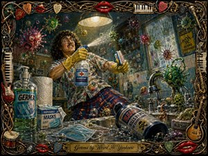 A frantic cleaner battles oversized, colorful germs in a chaotic kitchen-bathroom interior filled with soap, masks, bleach, bubbles, and contaminated surfaces. Dramatic golden lighting contrasts with sickly greens, reds, and blues. The richly textured painted style, exaggerated perspective, and ornate musical frame create a humorous, anxious, theatrical mood.