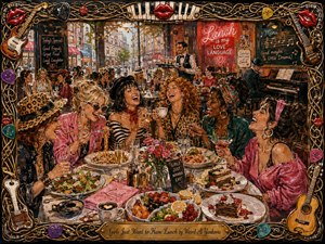 A lively painted cafe scene shows stylish women laughing over a lavish lunch of pasta, salads, desserts, fruit, coffee, and cocktails. Warm reds, pinks, golds, and greens glow beneath cheerful city light. Thick textured brushwork, bustling background diners, musical details, and an ornate instrument-and-lips frame create playful, theatrical energy.