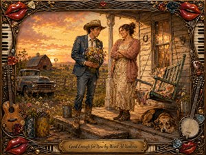 A warm oil-painted country romance unfolds on a weathered farmhouse porch at sunset, where a shy cowboy offers wildflowers to an amused woman. Golden skies, a rusty pickup, barn, porch swing, resting dog, and rustic details create nostalgic charm, framed by intricate musical instruments, piano keys, picks, strings, and glossy red lips.