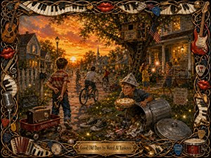 A glowing sunset bathes a lively small-town street where children race bikes, wave sparklers, guard a treehouse, and hatch playful mischief beside a toppled trash can. Warm amber, orange, and gold tones enrich the richly textured painted scene, while an ornate musical frame of instruments, piano keys, guitar picks, and red lips completes the nostalgic mood.