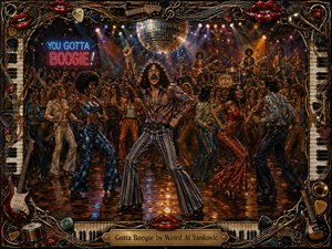 A flamboyant disco dancer commands a crowded 1970s dance floor beneath a sparkling mirror ball, surrounded by exuberant partygoers and a live band. Warm amber, red, blue, and gold lighting creates energetic reflections and deep shadows. Rich painterly textures and an ornate musical frame amplify the playful, theatrical atmosphere.
