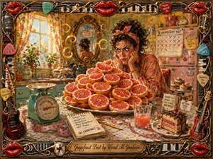 A richly textured retro kitchen painting shows a frazzled woman glaring at an enormous pyramid of glowing pink grapefruits, surrounded by a vintage scale, measuring tape, diet notes, juice, and tempting cake. Warm morning light, coral, mint, gold, and cream tones create playful depth, framed by ornate musical motifs and glossy red lips.