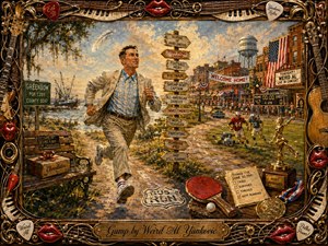 A richly textured Americana painting shows an earnest runner striding through a whimsical small-town landscape filled with football, shrimp boats, road signs, chocolates, and playful life milestones. Warm golds, dusty blues, reds, and greens glow under late-afternoon light. An ornate musical frame of strings, keys, picks, instruments, and glossy lips completes the nostalgic scene.