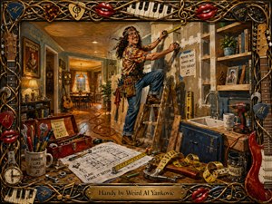 A cheerful handyman works from a ladder inside a warmly lit, half-renovated room, surrounded by tools, blueprints, shelving, and playful repair slogans. Rich golds, reds, blues, and wood tones enhance the lively painted texture. An ornate musical frame of guitar strings, picks, piano keys, instruments, and glossy red lips completes the whimsical scene.