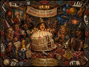 A wildly theatrical birthday party surrounds an enormous candlelit cake, with eccentric guests, surreal gifts, confetti, balloons, and comic signs filling the richly detailed room. Warm gold, red, blue, and cream tones glow against deep shadows, while the handcrafted painterly style, apocalyptic window view, and ornate musical frame amplify the mischievous, absurd mood.