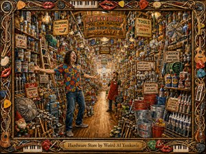 A wildly enthusiastic shopper stands amid a towering, treasure-packed hardware store, arms outstretched in comic amazement. Warm golden lighting illuminates colorful tools, paint cans, hoses, ladders, buckets, and playful signs along deep receding aisles. Rich painterly textures, vivid reds and blues, whimsical details, and an ornate musical frame create exuberant handcrafted energy.