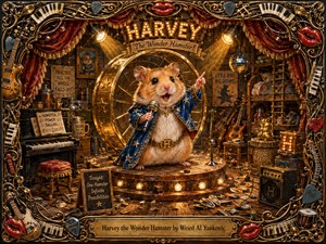 A heroic golden hamster performs beneath warm theatrical spotlights on a miniature stage crowded with instruments, seed shells, posters, and whimsical props. Rich gold, red, blue, and amber tones create a playful storybook mood, while painterly textures and glowing details lead toward an ornate musical frame of guitars, piano keys, picks, strings, and glossy red lips.