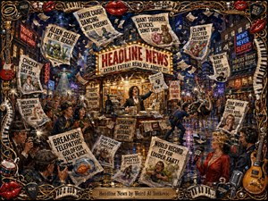 A vibrant hand-painted satire unfolds in a rain-slicked nighttime city, where reporters, photographers, flying newspapers, and absurd headlines surround a glowing newsstand. Rich reds, golds, blues, and neon highlights create theatrical energy. An ornate musical frame of guitar strings, piano keys, instruments, picks, and glossy lips completes the chaotic scene.