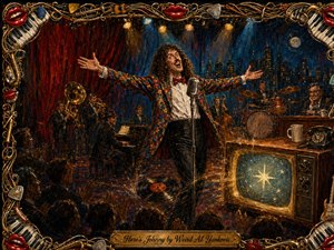 A wildly expressive curly-haired performer commands a vintage late-night stage, arms spread before a glowing microphone as a jazz band plays behind him. Rich reds, midnight blues, gold spotlights, and textured brushwork create theatrical energy. A luminous old television, cheering audience, instruments, and ornate musical frame complete the playful scene.