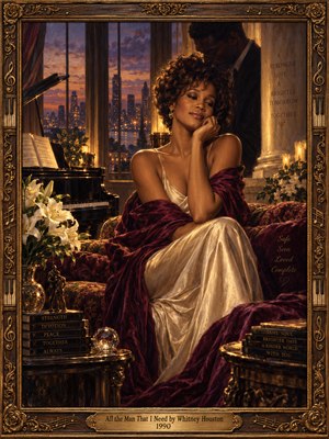A serene woman in an ivory gown and burgundy shawl rests beneath warm golden light, with a protective figure behind her. A twilight city skyline, grand piano, white lilies, and rich furnishings evoke romantic devotion. Deep plum shadows, luminous oil-painted textures, and an ornate musical frame complete the intimate composition.