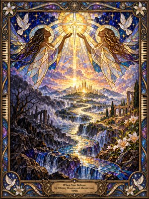 Two angelic women raise their hands toward a radiant golden star above a luminous city. A winding mosaic river flows through misty mountains, waterfalls, ancient ruins, and flowering gardens. Sapphire, violet, and amber stained glass creates a majestic atmosphere of faith and hope, enclosed within an ornate bronze musical frame.