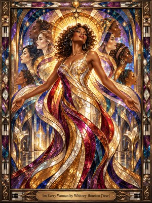 A radiant woman stretches her arms beneath a golden halo, surrounded by graceful profiles representing diverse women. Jewel-toned stained glass in ruby, sapphire, violet, and amber glows within an ornate musical frame. Sweeping mosaic ribbons, cathedral arches, and sparkling reflections create a triumphant celebration of confidence, unity, and feminine strength.