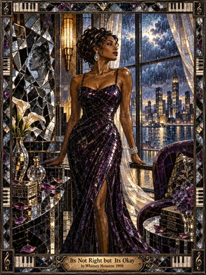 A poised woman in a shimmering purple gown stands beside rain-streaked windows overlooking a glowing city skyline. Fractured mirrors echo past betrayal, while amber light and deep blue shadows suggest hard-won confidence. Intricate stained-glass mosaics, flowers, and piano-key borders surround the scene, finished with an ornate engraved title plate.