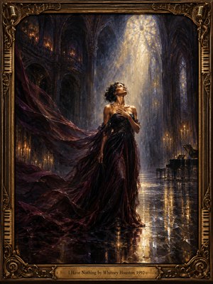 A solitary woman in a flowing burgundy gown stands beneath a radiant cathedral window, her face lifted toward golden light. Shadowy Gothic arches, flickering candles, and a distant grand piano surround her. Rich oil-painted textures, deep violet shadows, and an ornate bronze musical frame evoke yearning, vulnerability, and defiant strength.