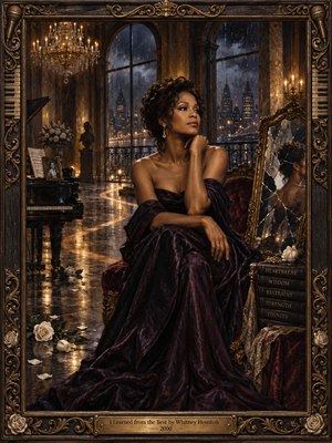 A poised woman in a flowing plum gown sits inside a candlelit salon overlooking a rainy city. A shattered mirror, fallen white roses, and a grand piano symbolize heartbreak transformed into strength. Golden chandeliers illuminate polished floors beneath midnight blue windows, while ornate bronze carvings frame the richly textured oil painting.
