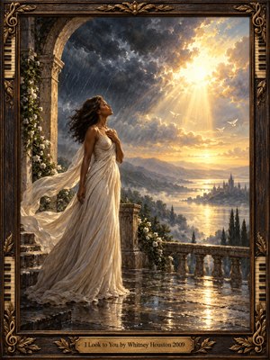 A woman in a flowing ivory gown gazes skyward from a rain-soaked stone terrace as golden sunlight breaks through storm clouds. Distant mountains, shimmering water, and white doves evoke renewed faith and hope. Rich oil painting textures, dramatic illumination, and an ornate musical frame create a serene, uplifting atmosphere.