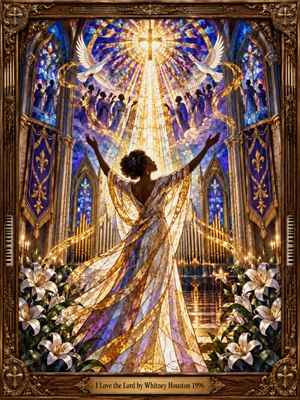 A woman raises her arms in worship beneath radiant golden light pouring through a magnificent cathedral window. White doves, heavenly choirs, and blooming lilies surround her flowing gown. Brilliant blue, purple, and amber stained glass creates a reverent atmosphere, enclosed within an intricately carved bronze and wooden frame.