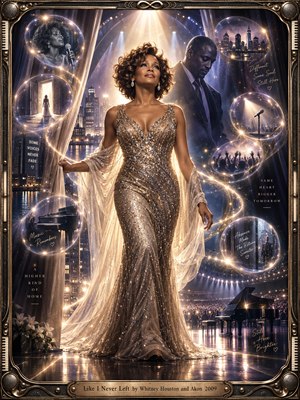 A radiant singer in a sparkling champagne gown steps through luminous curtains, with a contemplative man behind her. Glowing memory orbs, nighttime skylines, pianos, and cheering crowds follow swirling golden light. Deep blue shadows, warm spotlights, and an ornate bronze frame create a cinematic portrait of remembrance and renewal.