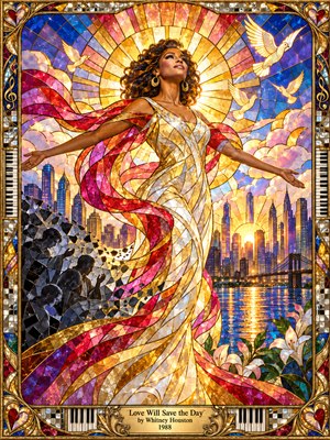 A radiant woman in a flowing golden gown opens her arms beneath a brilliant sunrise, surrounded by white doves and swirling crimson ribbons. A stained-glass city skyline glows above reflective water, while shadowed figures contrast with luminous flowers. Jewel-toned mosaics and an ornate gilded musical frame convey hope, warmth, and triumph.