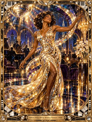 A radiant woman dances in a shimmering gold mosaic gown inside an elegant nighttime jazz club. Mirrored disco lights scatter across polished floors, violet lounges, and a glowing city skyline. Sweeping glass ribbons frame her joyful pose, while musicians perform beneath golden chandeliers. An ornate piano-inspired border completes the glamorous scene.