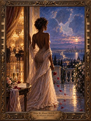 An elegant woman in a shimmering gown stands between a golden ballroom and a moonlit balcony, holding a fading red rose. Beyond her, ghostly lovers emerge from violet clouds above distant city lights. Warm amber and cool blue tones illuminate this romantic oil painting, enclosed in an ornate musical frame.