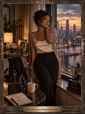 An elegant woman stands pensively beside a rain-streaked apartment window overlooking a glowing city skyline at dusk. Warm amber lamplight contrasts with cool blue twilight, illuminating flowers, books, and personal keepsakes. Cinematic photography captures quiet resilience, reflection, and self-renewal, enclosed within an ornate bronze frame with delicate musical detailing.