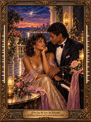 An elegantly dressed couple exchange tender glances beside a grand piano on a flower-filled terrace overlooking a glowing waterfront city. Violet twilight, amber lanterns, shimmering satin, and pink roses create a romantic atmosphere. Rich oil painting textures and an ornate bronze frame with piano-key accents complete the nostalgic scene.