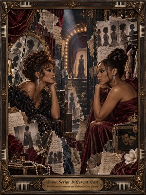 Two glamorous women face one another in a shadowy theatrical dressing room, their guarded expressions surrounded by torn photographs and repeated silhouettes. Burgundy velvet, antique gold, and smoky charcoal glow beneath warm stage lighting. Script fragments, pearls, roses, and ornate brass framing enrich this cinematic mixed-media collage with bittersweet tension.