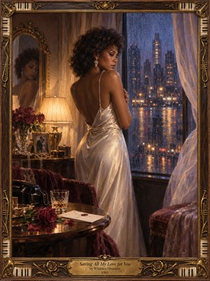 An elegant woman in an ivory satin gown gazes toward a rain-soaked city skyline, her reflection lingering in an ornate mirror. Warm lamplight illuminates crimson roses, a telephone, and a sealed letter. Rich oil-painted textures, midnight blues, golden highlights, and gilded musical framing evoke secret longing and bittersweet romance.
