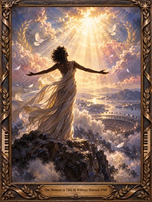 A triumphant woman stands atop a rocky summit, arms outstretched toward radiant golden sunlight breaking through violet clouds. White doves soar above a misty stadium and distant mountains. Flowing ivory fabric catches the light, while an ornate bronze frame with laurel carvings and piano keys completes this majestic oil painting.
