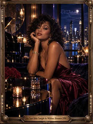 A glamorous woman in a burgundy satin dress poses confidently inside a luxurious nighttime lounge. Candlelight, red roses, polished glass, and a grand piano create romantic warmth. Beyond towering windows, a moonlit city skyline glows blue and gold. Cinematic photography and an ornate bronze musical frame evoke sophisticated 1990s elegance.