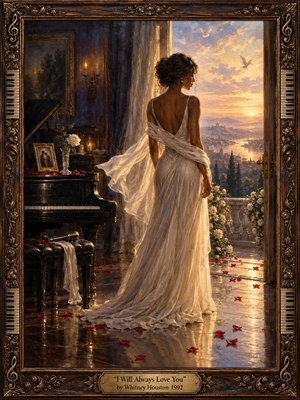 An elegant woman in a flowing ivory gown stands beside a grand piano, gazing toward a golden sunset over a distant city. Rose petals, white flowers, and a drifting scarf evoke tender farewell. Warm light meets violet shadows in a richly textured oil painting, enclosed by an ornate musical frame.