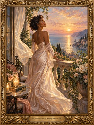 A serene Black woman in a flowing ivory gown stands on a flower-filled balcony overlooking a golden coastal sunrise. Sheer curtains billow beside candlelit roses, while calm blue water and distant cliffs glow beneath a peach-colored sky. The romantic oil painting radiates tenderness, enclosed in an ornate gilded musical frame.