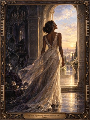 A poised woman in a flowing ivory gown steps from a shadowed hall toward a golden sunrise beyond a stone archway. Shattered mirrors and chandeliers recede behind her as warm light illuminates marble floors. Deep violet shadows contrast with glowing gold in this richly textured oil painting, surrounded by an ornate musical frame.