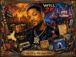 A vibrant painted collage celebrates Will Smiths Will 2K with a confident central portrait surrounded by concert crowds, guitars, drums, microphones, vinyl records, cassettes, graffiti, and 1999 memorabilia. Fiery orange and gold merge with electric blue city lights, creating energetic contrast. Ornate chrome-and-gold framing and a detailed engraved title plate complete the nostalgic, theatrical composition.