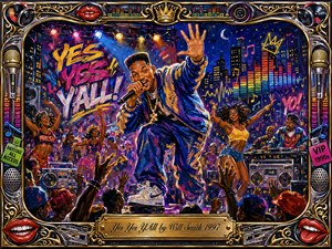 A vibrant 1990s hip-hop concert bursts with energy as a charismatic rapper commands the stage before dancing fans and raised hands. Saturated blues, golds, reds, and neon pinks glow beneath colorful spotlights. Expressive acrylic brushwork, graffiti lettering, boomboxes, equalizer bars, microphones, and an ornate chrome-gold musical frame create a celebratory urban atmosphere.