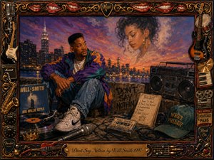 A nostalgic, richly textured painting shows Will Smith seated against a glowing twilight city skyline, reflecting quietly beside a boombox and scattered music memorabilia. Warm reds, purples, golds, and deep blues create a romantic, introspective mood. Ornate musical motifs frame the scene, while a dreamy womans portrait emerges in the clouds, enhancing its wistful atmosphere.