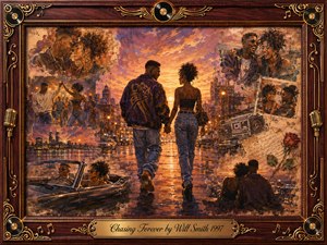 A romantic couple walks hand in hand along a glowing city street at sunset, surrounded by fading memories of dancing, laughter, driving, and quiet affection. Warm amber, rose, violet, and gold tones create a nostalgic mood, while textured mixed-media brushwork, vintage collage details, musical ornaments, and an ornate rosewood frame enrich the scene.