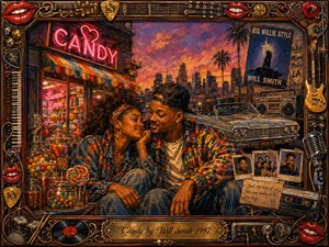 A richly painted 1990s-inspired hip-hop romance fills the scene, showing a smiling couple sharing a tender moment outside a glowing candy shop at sunset. Warm reds, golds, oranges, and deep blues create a nostalgic atmosphere, while a vintage car, boombox, Polaroids, candy jars, guitars, microphones, and ornate musical details surround the composition.