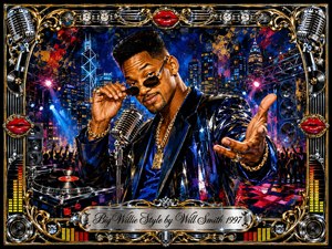 A charismatic hip-hop performer commands a neon-lit city stage, tipping dark sunglasses beside a vintage microphone and turntable. Electric blues, glossy blacks, gold, red, and magenta glow beneath dramatic spotlights. Rich acrylic and oil-like textures heighten the celebratory swagger, while an ornate chrome-and-gold musical frame surrounds the energetic nightclub scene.